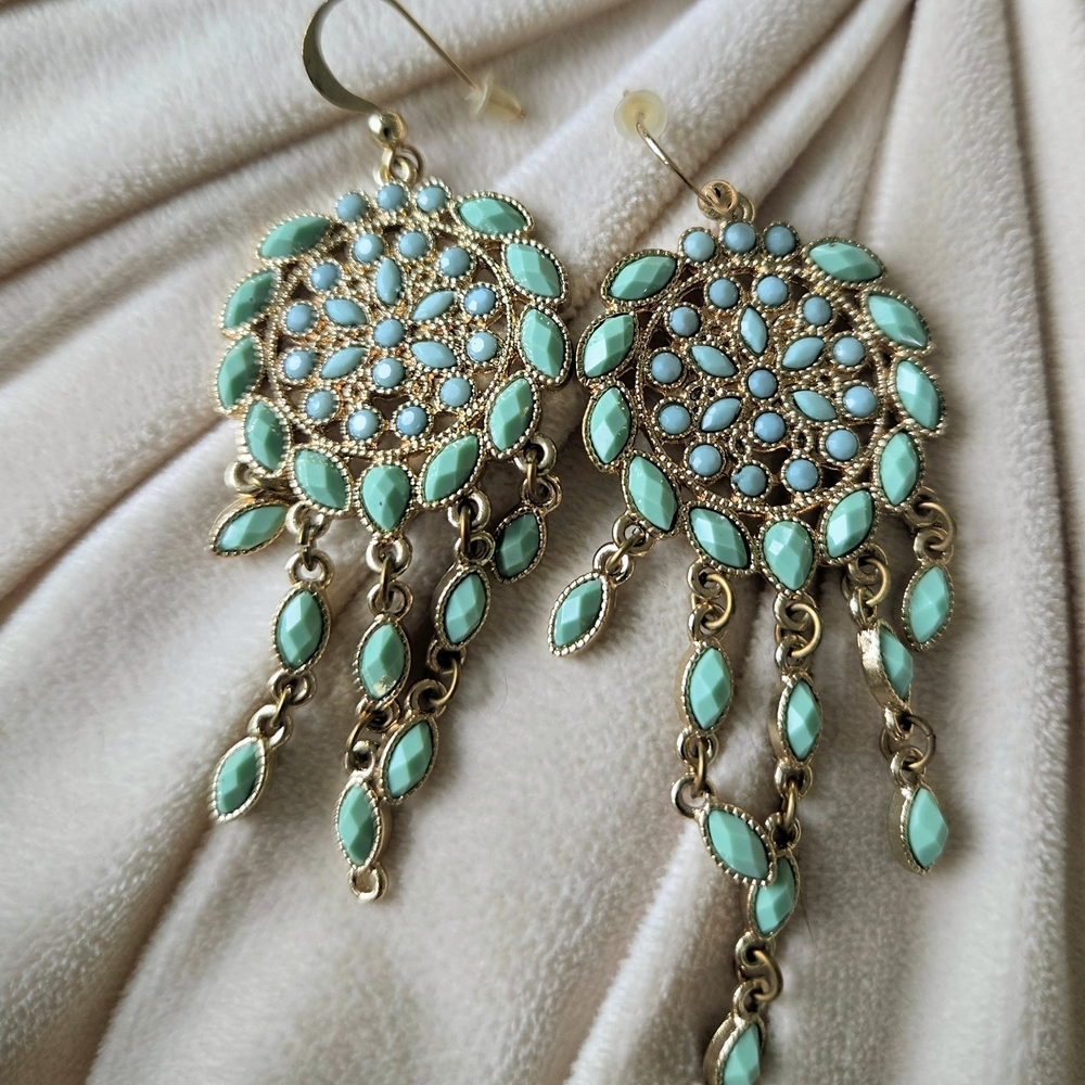 Equisite Gold and Turquoise Dream Catcher Drop Earrings - Picture 4 of 4